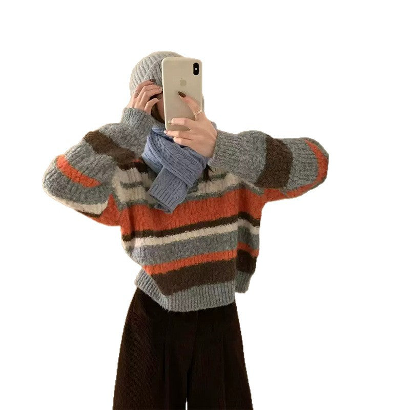 Contrast striped polo collar pullover sweater