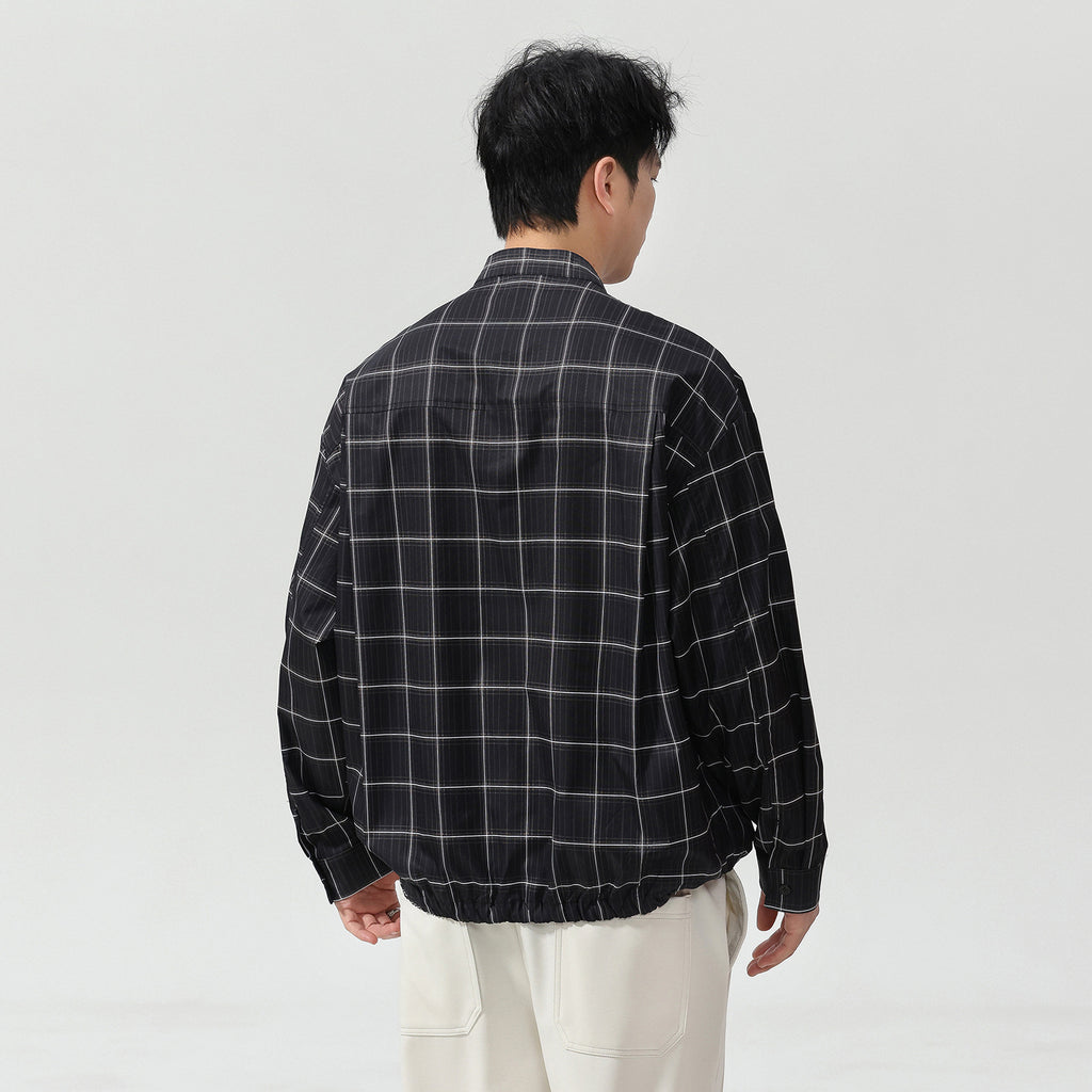 Casual Plaid Long Sleeve Stand Collar Shirt for Men