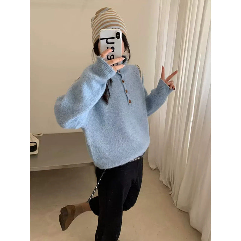High neck half button pullover sweater for women